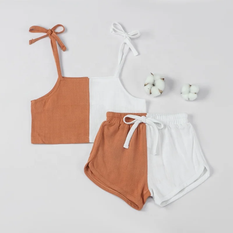 New Arrival Linen Children Clothing Kids Girls Suspender Crop Tops With Pants 2pcs Set