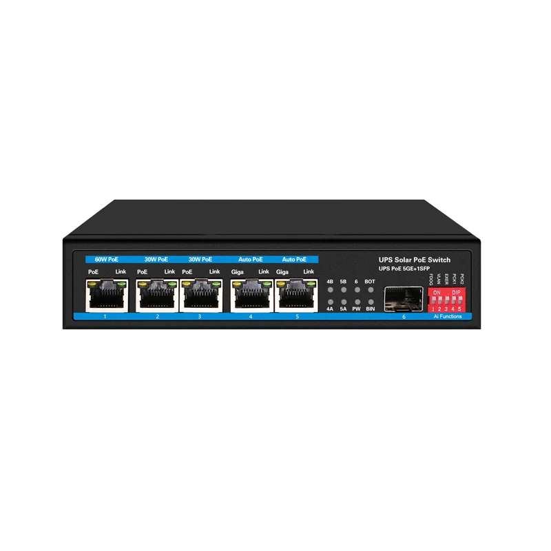 12 В/24 В 5 портов 1000 м 48 65 Вт Солнечный PoE-переключатель с поддержкой DIP UPS (POE0501SFP-AI)