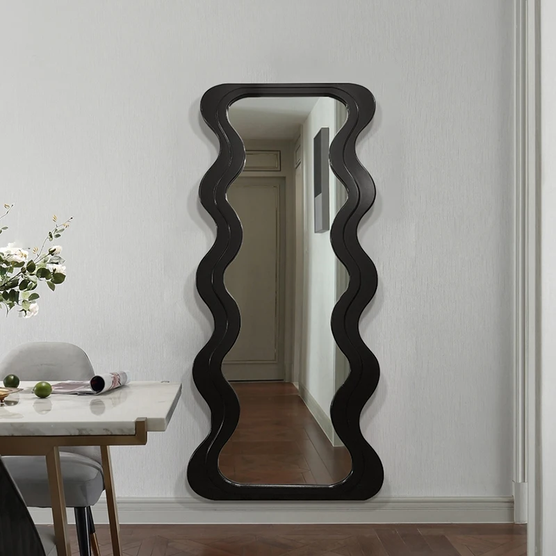 Wavy Large Full  Floor Length Wave Shape Wooden Frame Stand Mirrors Arch  Irregular Decorative Wall Dressing Full-Length Mirror