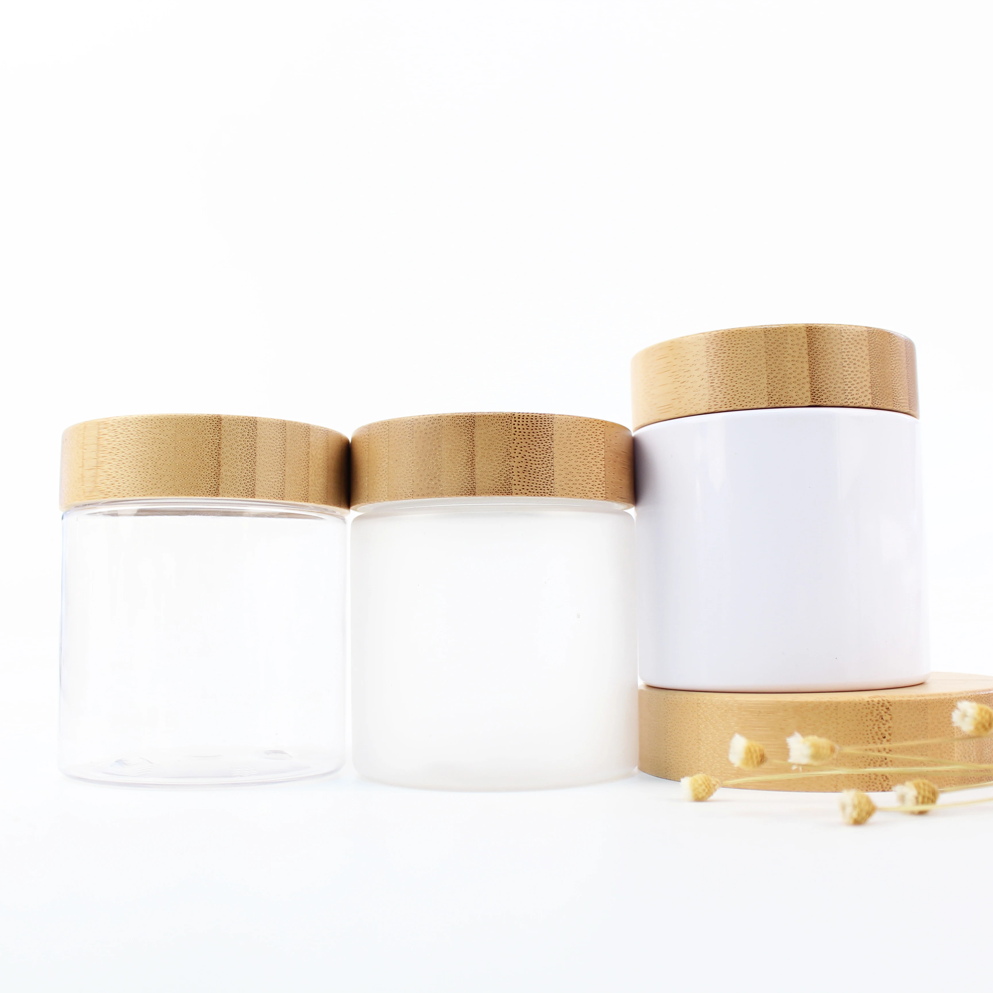 Косметические банки 250 г мл матовая прозрачная белая пластиковая банка для домашних животных с бамбуковыми деревянными крышками PJB-2C