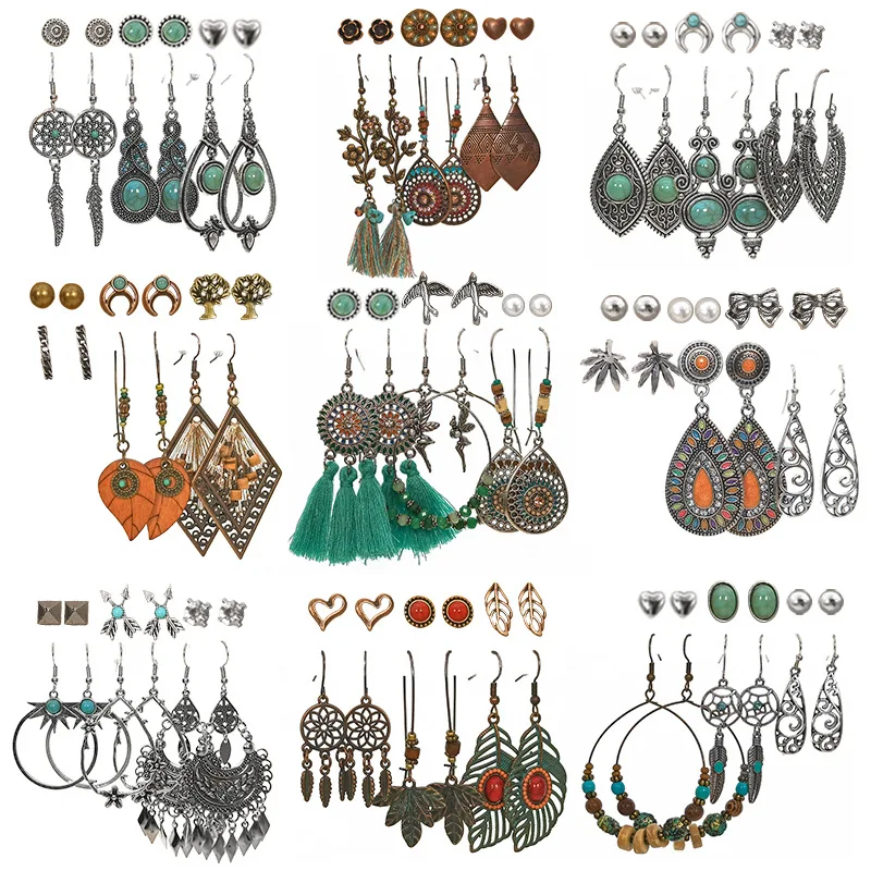 Wholesale Women Fashionable Earrings Hollow Drop Dangle Earrings Set for Women Girls with Bronze Waterdrop Leaf Feather Shape