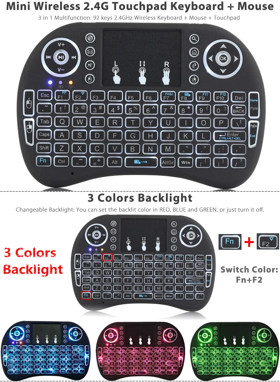 i8 Mini Wireless Keyboard 7 color backlit 2.4ghz English Russian 3 colour Air Mouse with Touchpad Remote Control fAndroid TV Box