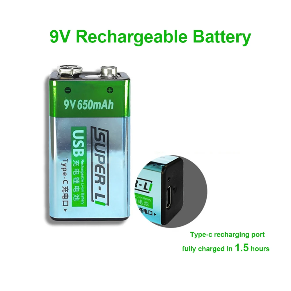 new smart chip  9v rechargeable battery usb C useful 9v lithium battery rechargeable 650mah for electronic devices