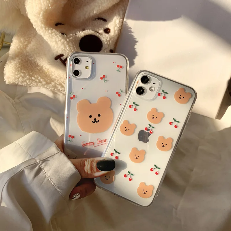 INS Lovely Bear and Cherry Mobile Cases Soft TPU phone Case for iPhone 14 plus  13 pro max 12 mini 11 XS Max XR