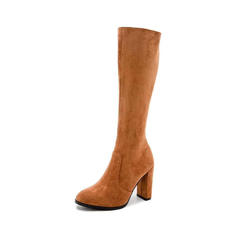 Suede Chunky Heel Zipper Flock Ladies Office Shoes Boots  New Fashion Knee-high Boots For Women