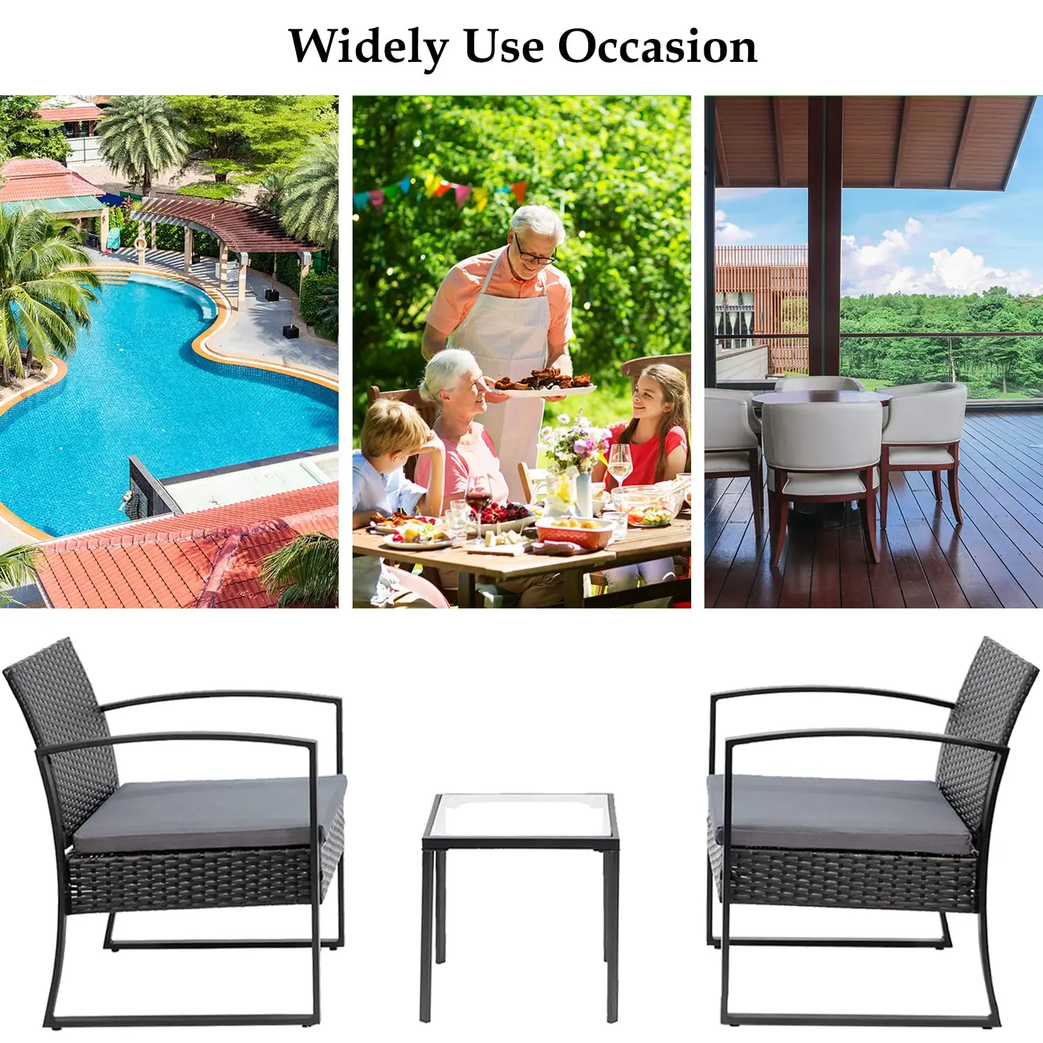 Modern Wicker Patio Furniture Bistro Set with Glass Table and Cushions Outdoor Conversation Chair for Porch Backyard Garden