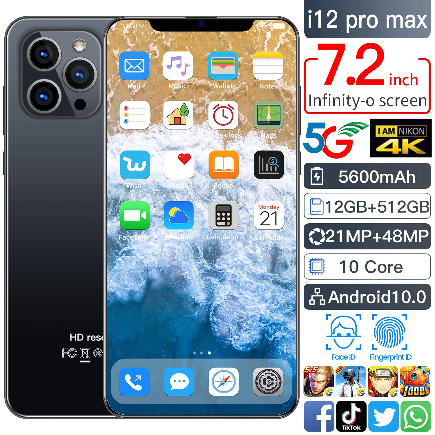  Смартфон i12 Pro Max 7 2 дюйма 10 ядер 12 + 512 ГБ 21 48 МП 5600