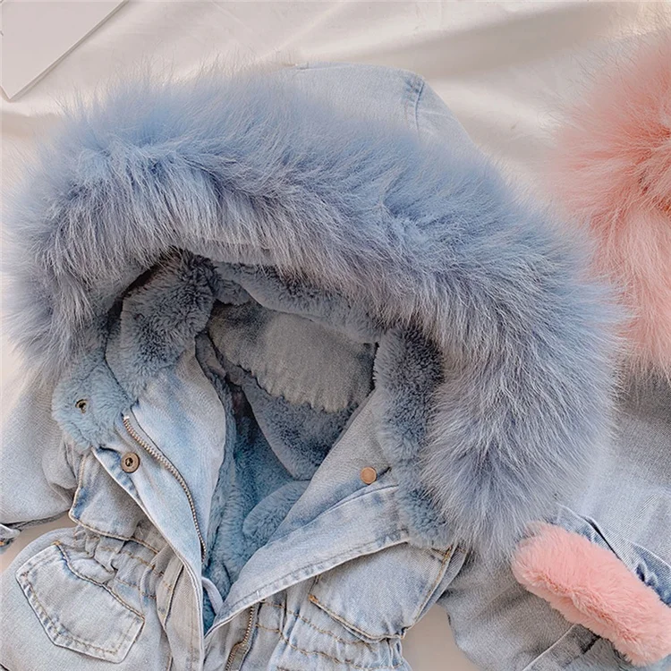 Toddler Jacket Hooded Faux Fur Fleece Thick Denim Coat Outwear Fashion Warm Costume