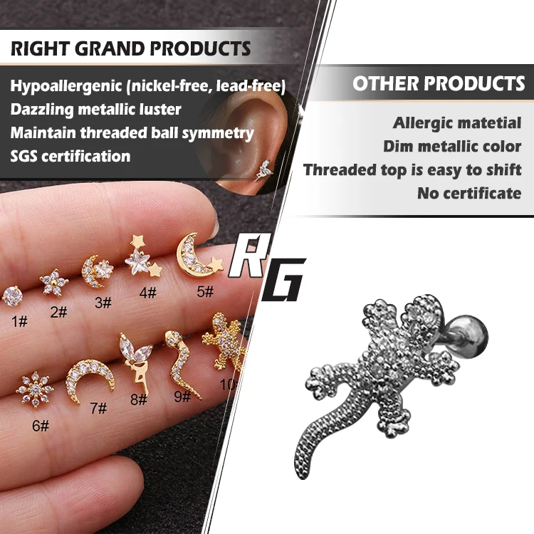 18K Gold Plated Stainless Steel Cubic Zirconia Single Ear Cartilage Stud Helix Piercing Earrings Stud