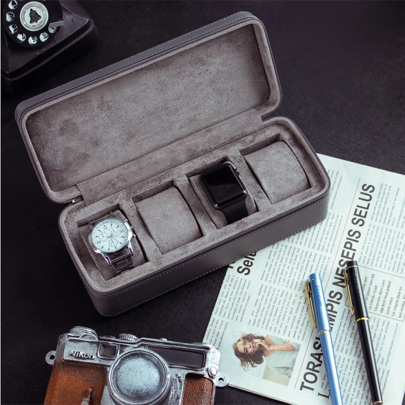 4 Slot Grey Leather Zipper Portable Storage Display Watch Travel Case Box With Cushions