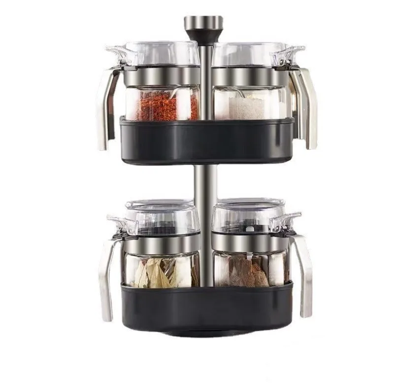 360 Rotating 2 Tier Spice Countertop Rack With 200ml Glass Seasoning Storage Jar