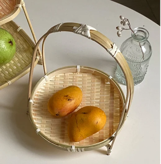 Bamboo fruit plate round storage basket farmhouse bamboo products household fruit basket washing vegetables