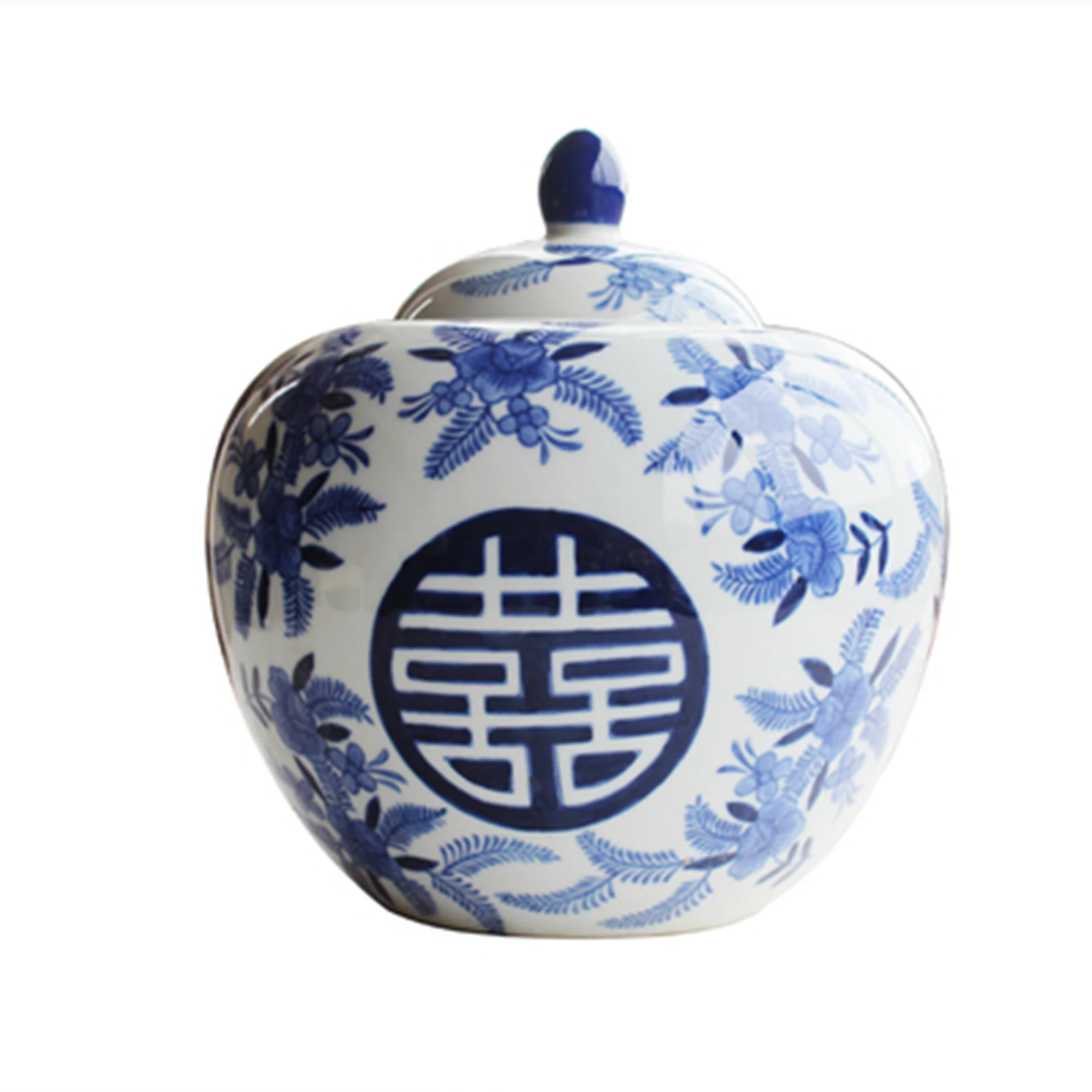 Hand Painted Blue and White Chinese Style Double Happiness Ceramic Apple Shape Temple Jars with Lid home decors ceramics vases