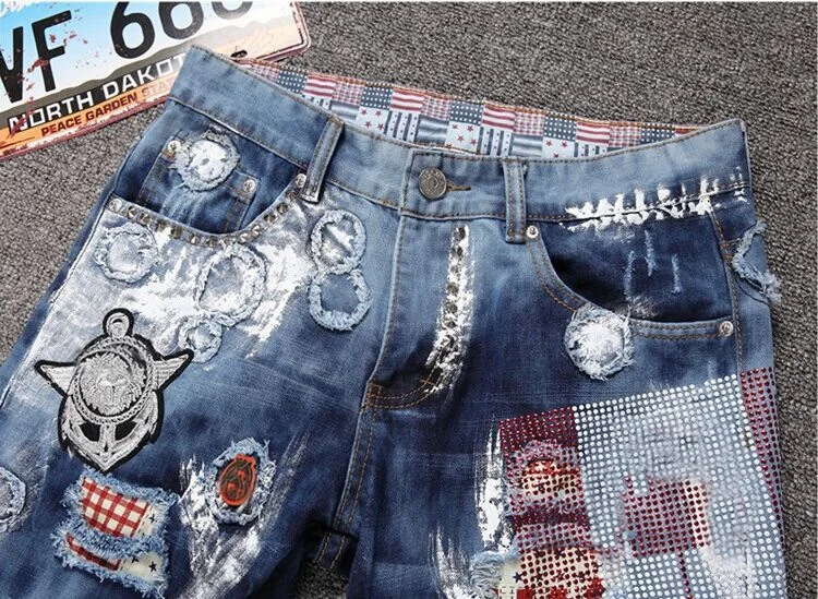 Custom Biker Pattern Pants Trouser Ripped Straight Patchwork Printing Fabric Inside Waist Rivet Streetwear Punk Men Torn Jeans