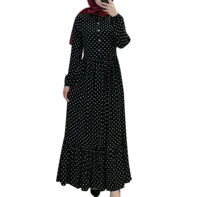 H & D New New style Muslim Women Long Sleeve Dress Popular Polka Dot Ruffled Pleated High Waist Casual Dress For Summer