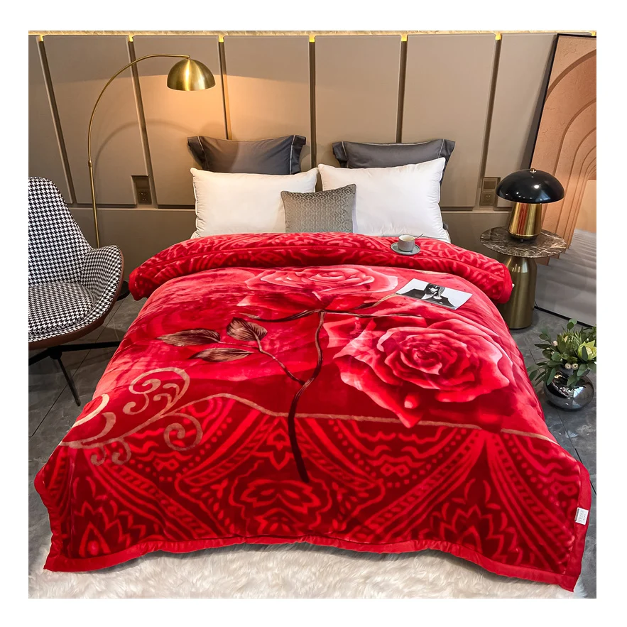 Manufacturer luxury Soft Flower Printed Warming mink Fleece throw raschel blankets for winter