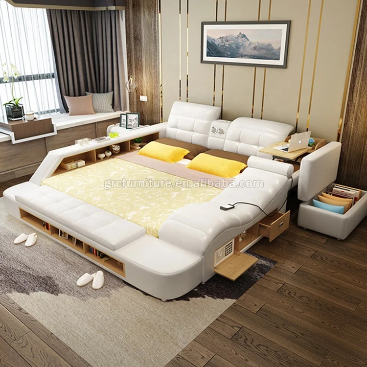 Modern multi function massage bed with music USB white leather beds tatami bedroom furniture