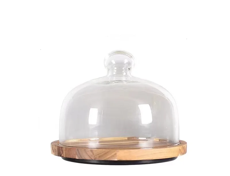 Diyue Stock 6 8 10 Inch Rubber Wood Wedding Cake Display Acacia Wood Round Wood Server Cake Stand Lazy Susan with Glass Dome