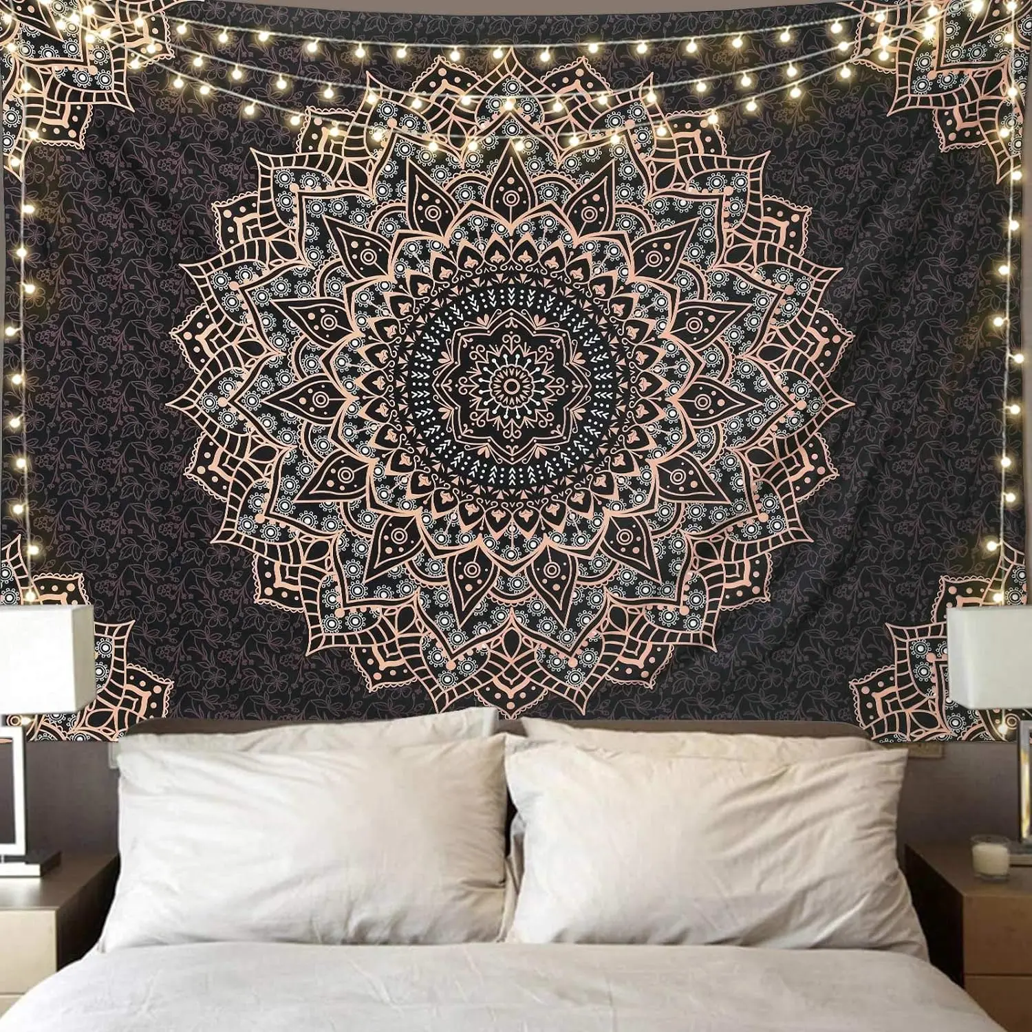 Custom Digital Printed Black Mandala Tapestry Wall Hanging Psychedelic Aesthetic Indian Hippie Wall Decor