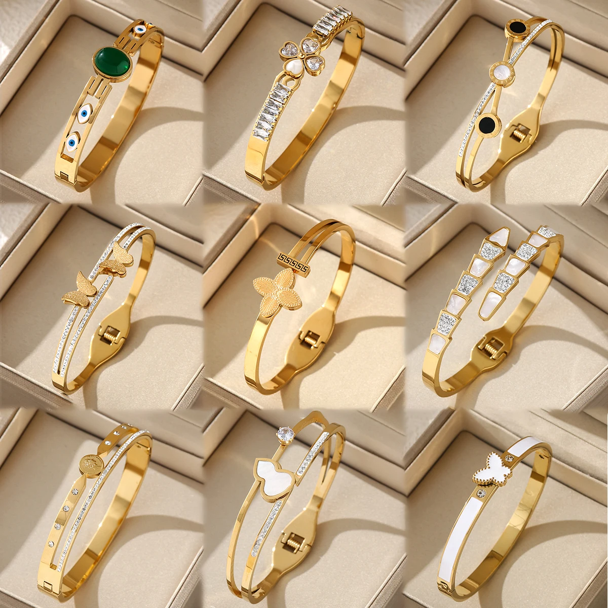 Top Quality Stainless Steel 18K PVD Gold Clover Zircon Shell Butterfly Bangle Luxury Crystal Diamond Bangle For Women Gift