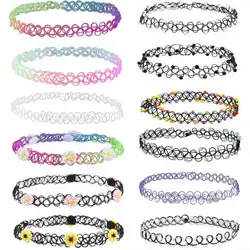 12Pcs/Set Colorful Collar Stretch Tattoo Choker Necklace Women Punk Gothic Elastic Hollow Fishline Flower Pendants Necklaces