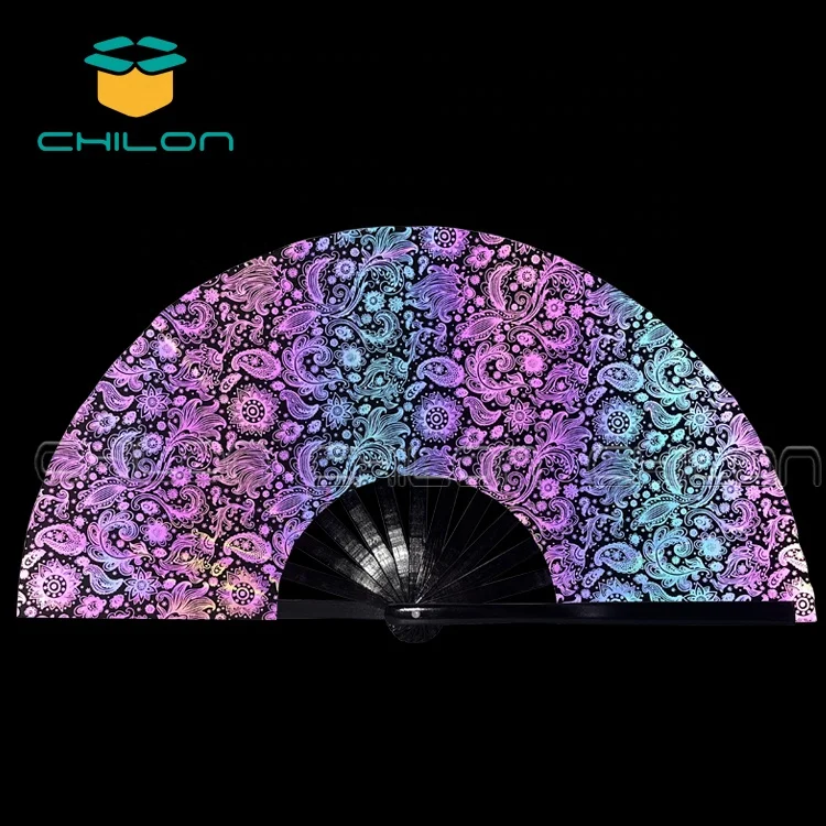 Holographic Reflective Rave Hand Fan Fabric Bamboo Folding Fan