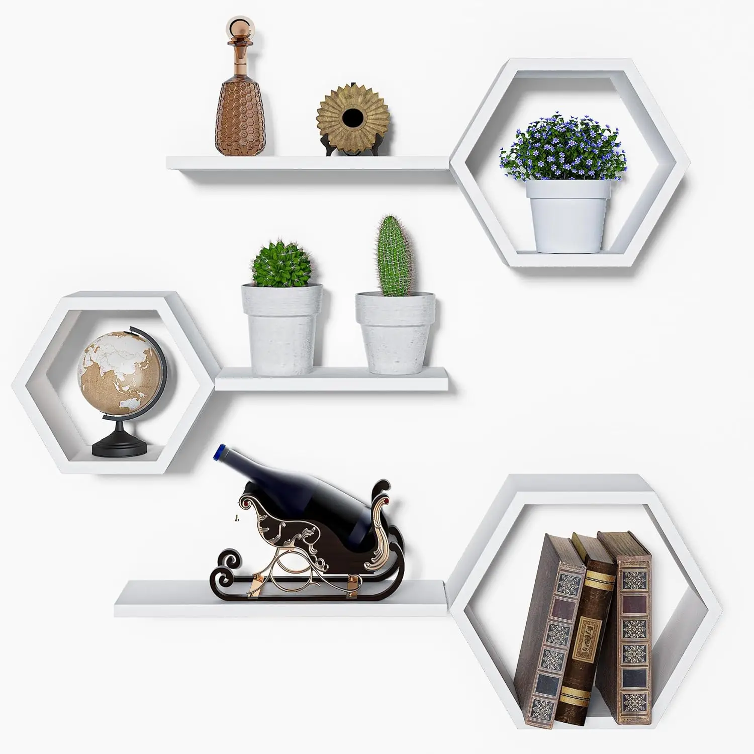 Black wooden hexagonal wall mounted 6-piece modern geometric wall storage rack displaying plant photos Living room bedroom