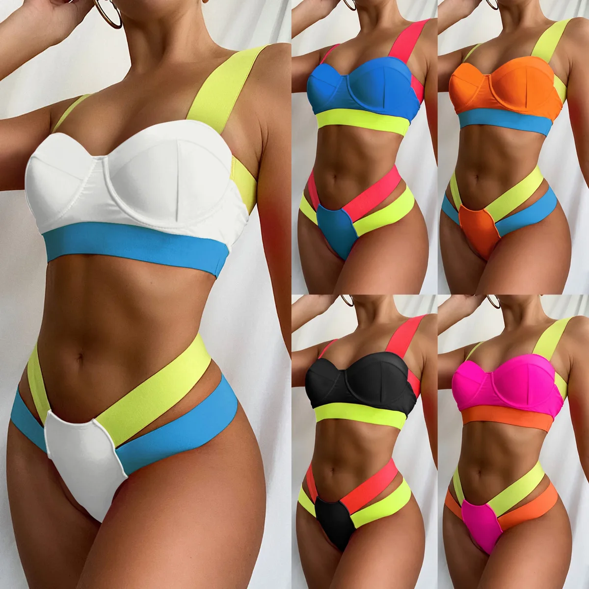 2021Contrast Color Bikini Swimsuit Women Swimwear  Bandage Patchwork High Waist Bikini Sexy Swimming Suit