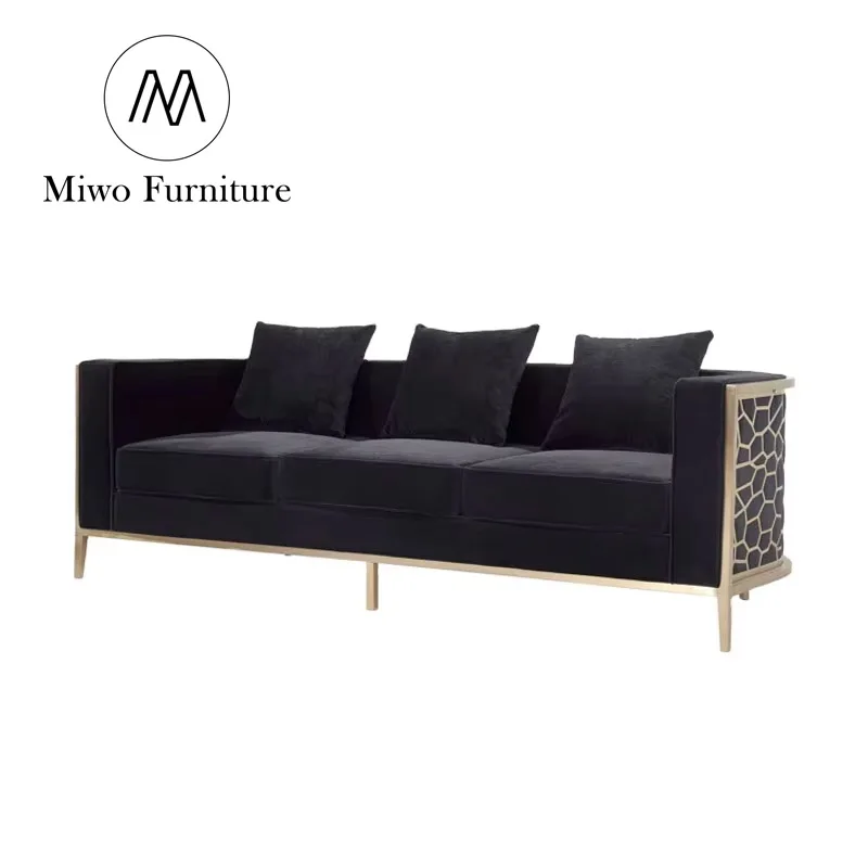 post modern velvet fabric sofa set designs living room furniture golden stainless steel frame sofa luxury Hotel club sofa couch