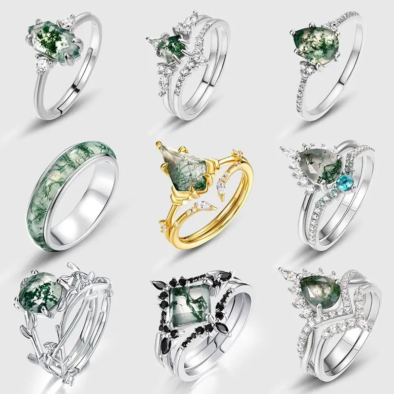 Sunnice 10k gold plated vintage rings with agate natural green moss stone s925 sterling silver frame ring for fashion females