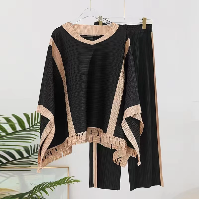 2024 New SBM Winter Miyake Bohemian Women Plus Size Top And Pant Pleated Women Loose 2 Piece Set India Ruffle suits set