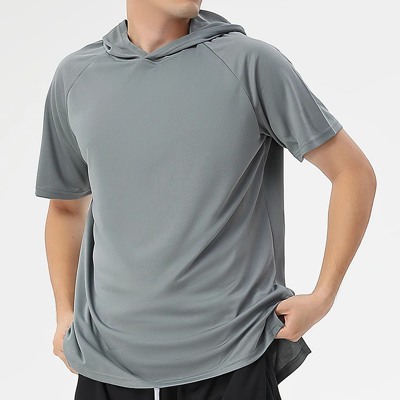 100% Polyester Short Sleeve Gym Shirt Hooded Men Side Split Quick Dry Shirt Wholesale Blank Sport T Shirt
