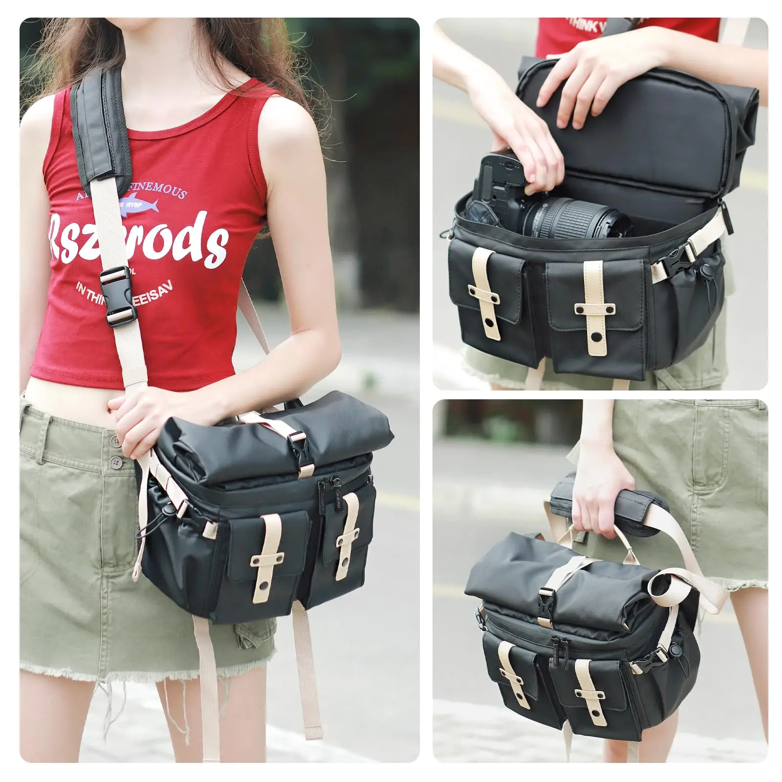 Cwatcun D90  Roll Top Waterproof DSLR SLR Mirrorless Travel Photography Bag Camera Messenger Bag for Canon For Nikon For Sony