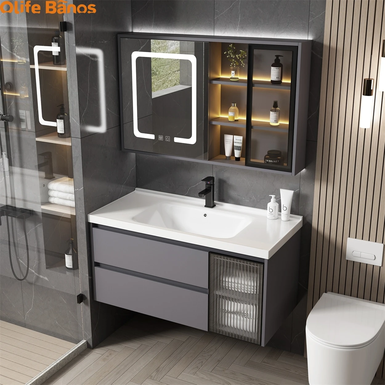 Solid Wood Boards Modern Smart Home Improvement Furniture Bathroom Fixture Bathroom Cabinets Bathroom Vanities Cabinet With Sink