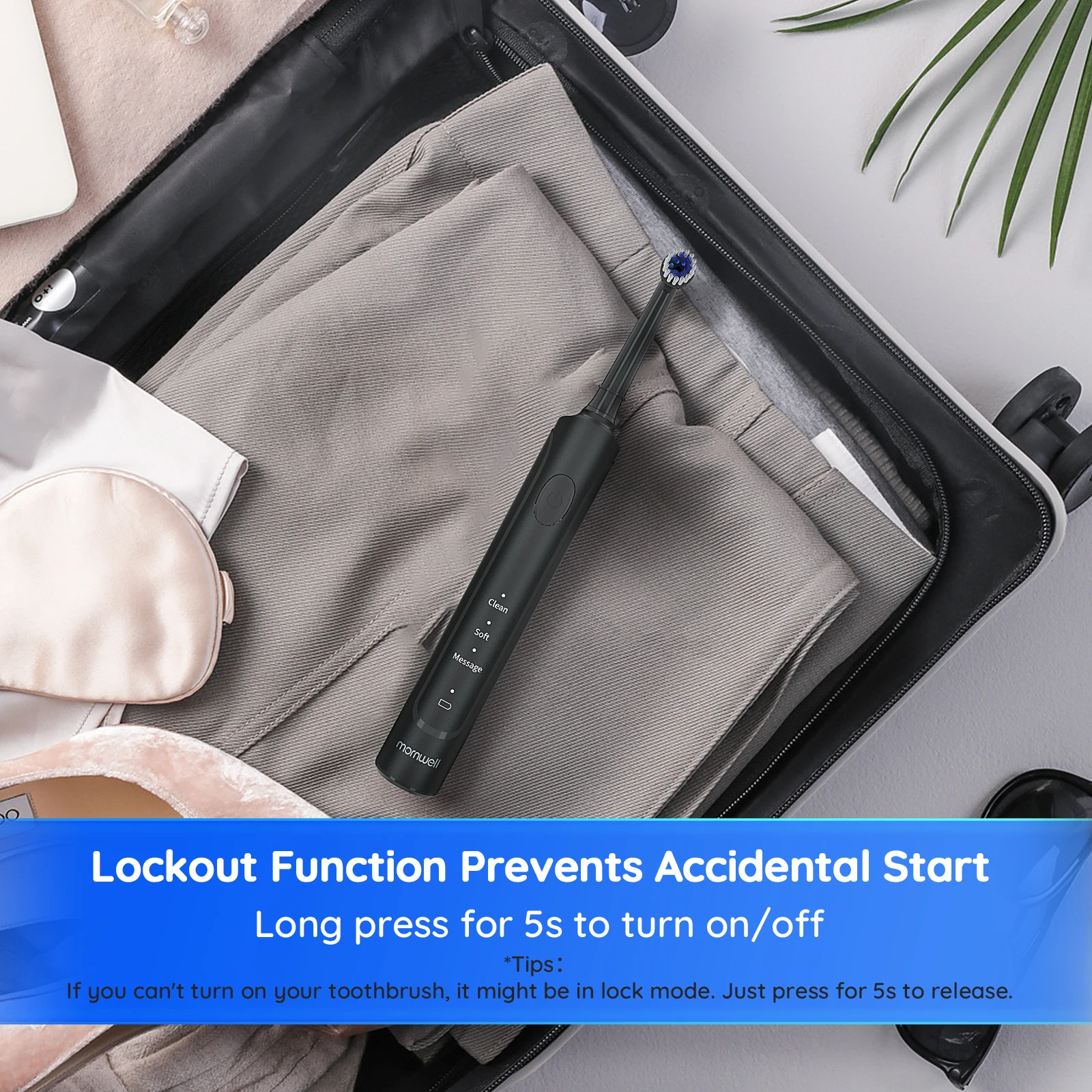 Mornwell Travel Black Rechargeable Oral Whitening B Round Head Rotary Spin 360 Rotating Electric Toothbrush