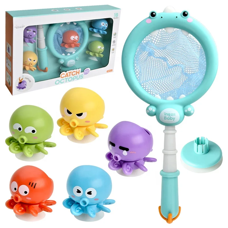 Summer fun kids dinosaur fishing net set bathtub pool fishing bath toy 3 in 1 baby bath time catch octopus shooting basket game