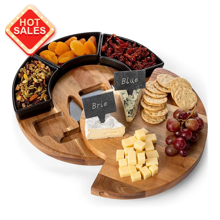 Новый дизайн, Вращающаяся круглая сервировочная тарелка из дерева акации, доска для сыра с 2 ножом, Мраморная тарелка, 3 керамических чаши