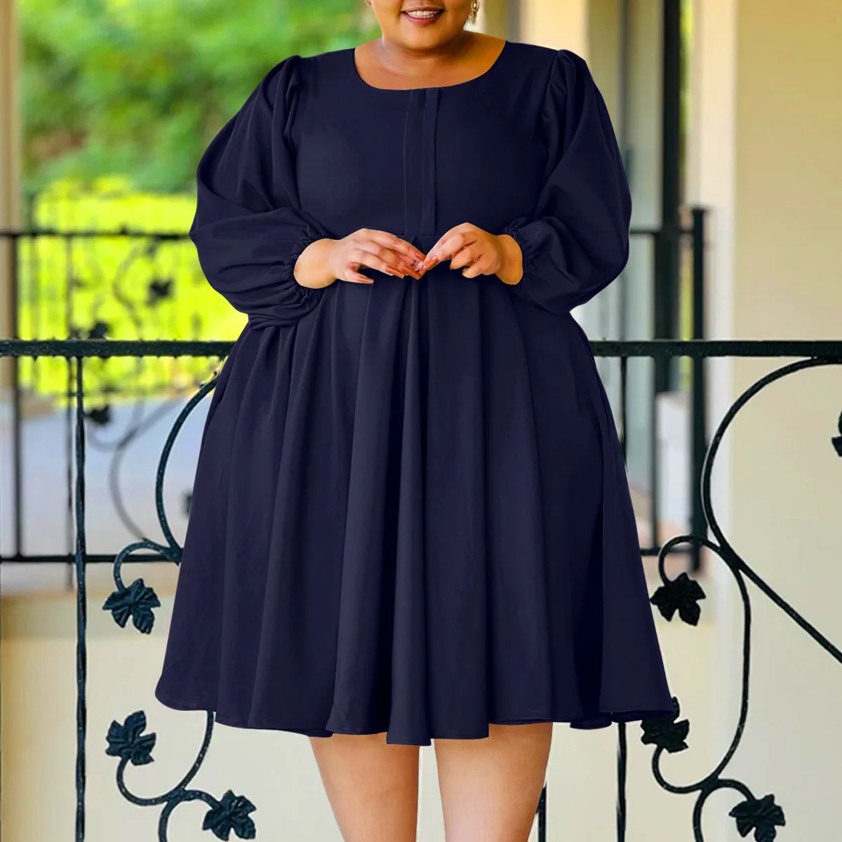 popular plus size women fall winter clothing Fashionable casual solid color big swing  puff sleeve loose dress