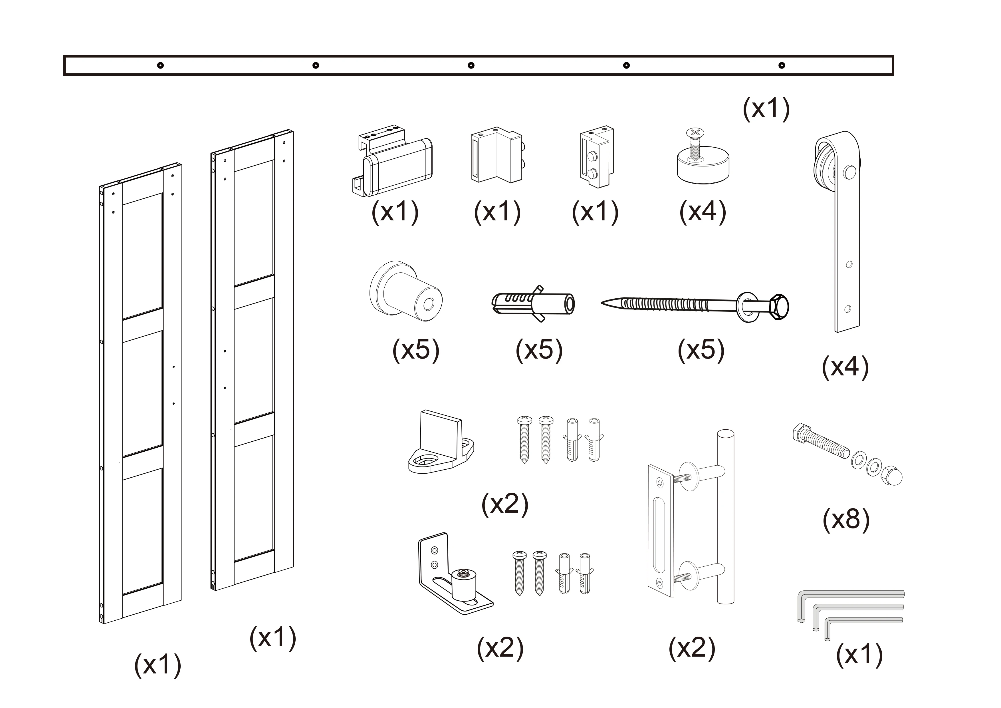 DIY barn door panel with hardware kit,  PVC Primed 3 Glass Panel, Need to Assemble, Hardware