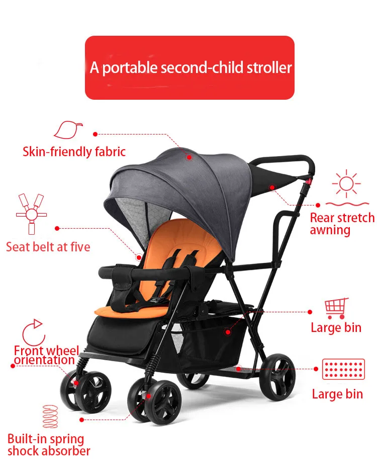Portable baby stroller lightweight folding adjustable two-person stroller for travel