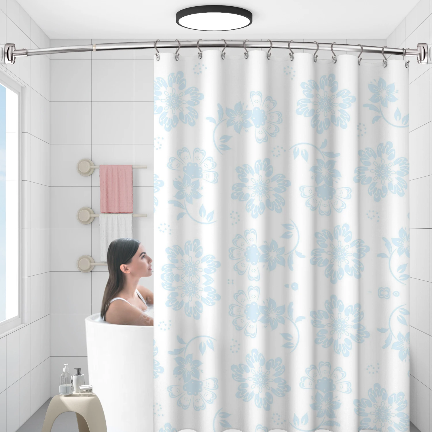 Hot Sale Bathroom Products Curved Shower Curtain Rod Adjustable Wholesale Never Rust Polishing Shower Curtain Poles