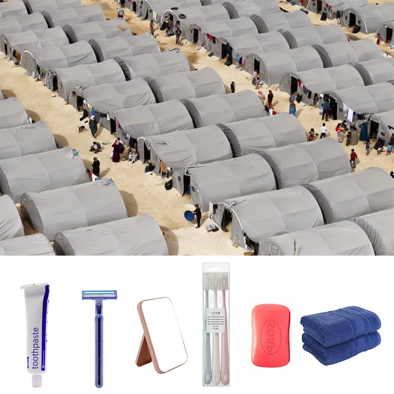 Factory wholesale cheap refugee supplies towel toothbrush toothpaste travel package toiletries kits
