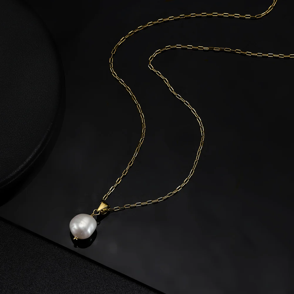 RINNTIN GPN24 Silver Freshwater Cultured White Pearl Drop Pendant 14K Gold Baroque Oval Shape Dangling Solitaire Pearl Necklace