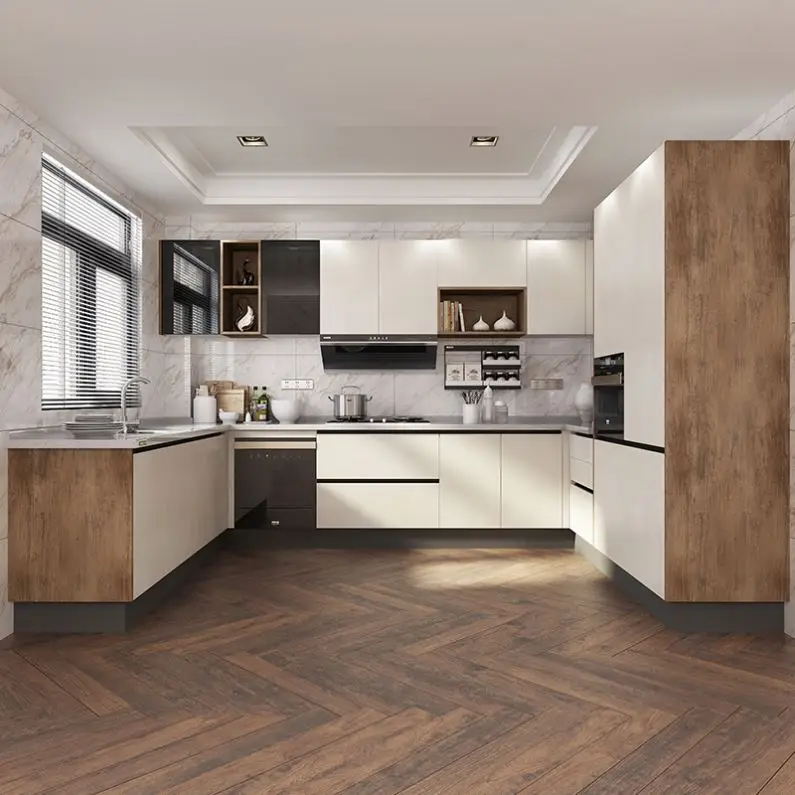 OPPEIN Custom Kitchen Full Set Furniture Cabinet Set Grey White Prefabricated Plywood Pvc Kitchen Cabinets