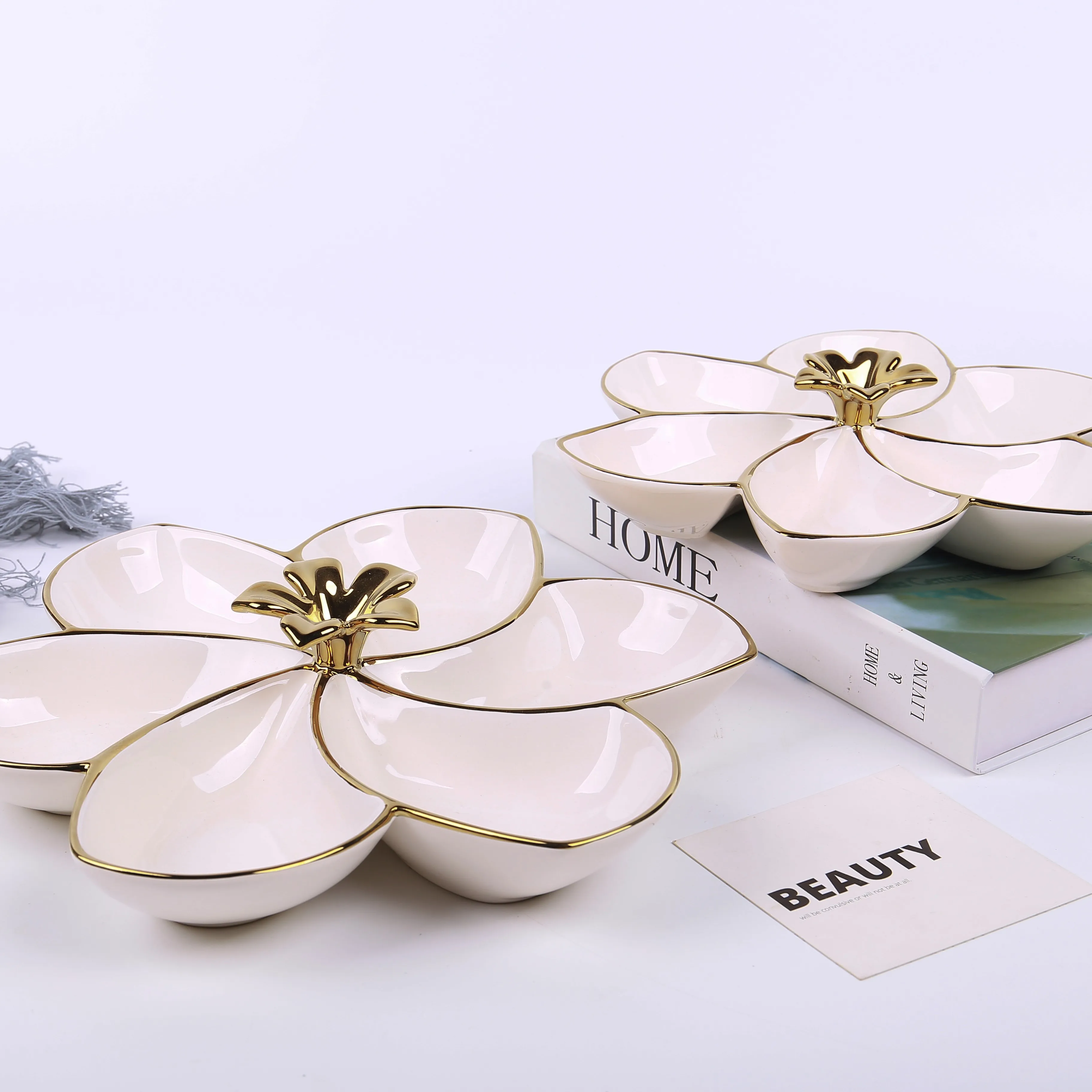 Wholesale 5 Compartments Ceramic dishes White Divided kitchen decor Ceramic Fruit Plate