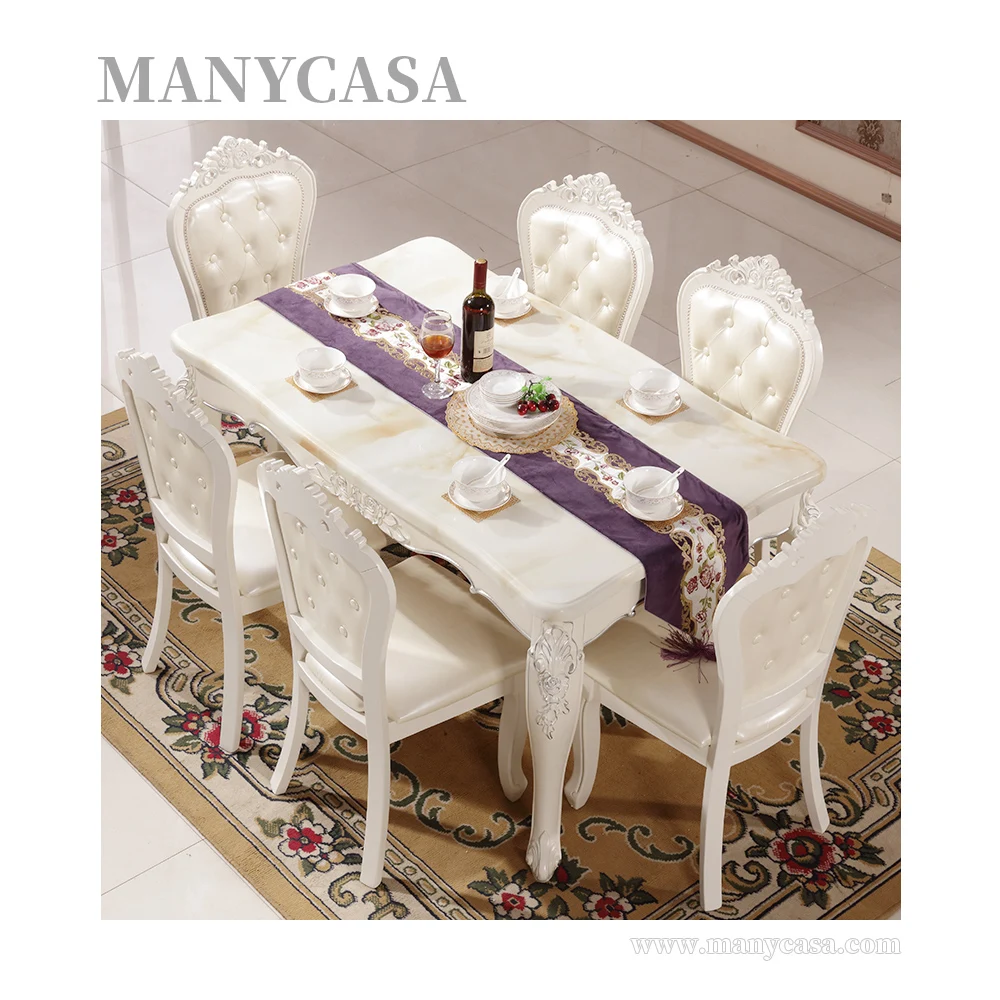 Popular Luxury Furniture Marble Top Rectangle Table Set Group Solid Wood Dining Table Set