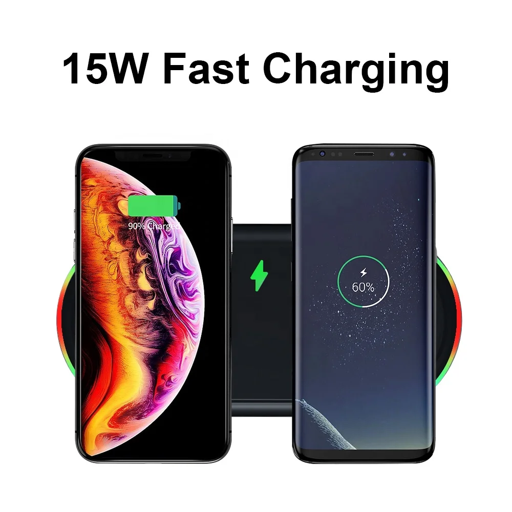 Qi 15W Fast Wireless Charger Portable Fast Wireless Charger Pad Dual Coil Fast Charging 15W for Iphone/samsung Mobile Phone WC-2