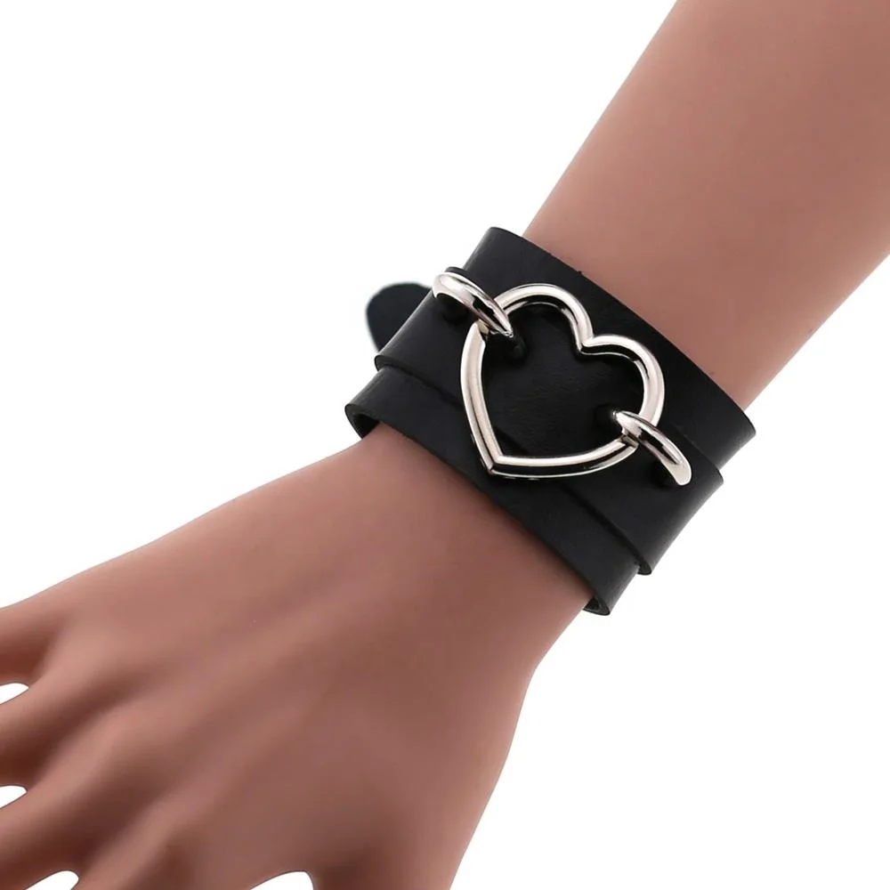 Punk Goth Double Layer PU Leather Wrist Bracelet Heart Buckle Anime Sexy Bondage Bangles