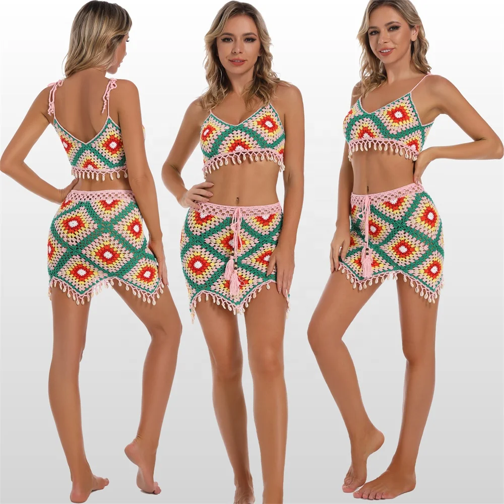 2023 Beach Coverups Tassel Fringe Crochet Cover Up Bikini Top And Mini Skirt Granny Square Crochet Skirt Set