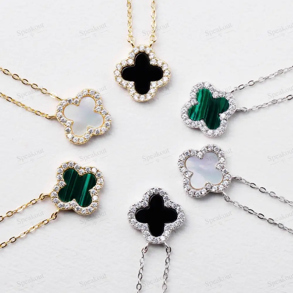 SPJ Vintage Jewellery 14K Gold Plated 925 Sterling Silver Onyx Mother-of-pearl Four-Leaf Clover Icon 5-Mofits Bracelet Jewelry